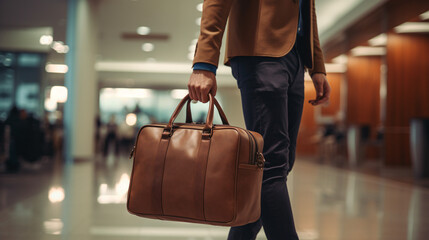 a person with luggage at the airport, a man holding brown leather baggage in his hand at an airport, a traveling concept