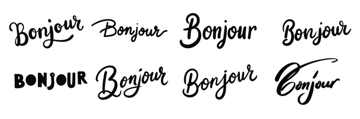 Collection of Bonjour text banner isolated on transparent background. Hand drawn vector art © clelia-clelia