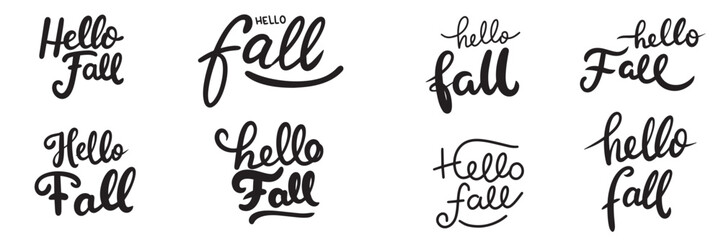 Collection of Hello Fall text banner isolated on transparent background. Hand drawn vector art