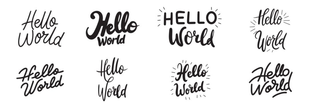 Collection of Hello World text banner isolated on transparent background. Hand drawn vector art