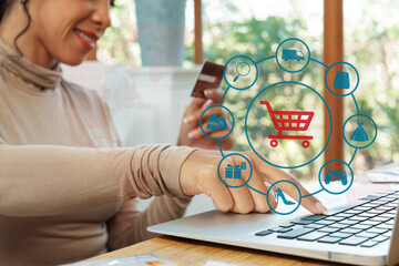 Customer open hologram graphic interface controlling device choosing online platform. Smart...