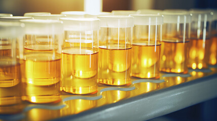 Urine samples in a laboratory, golden color test samples in clear plastic vessels 