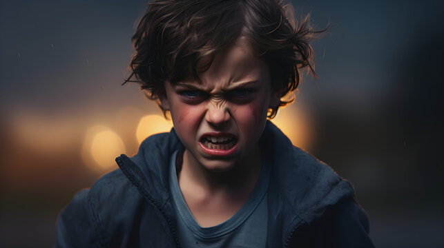Close-up portrait of a little boy screaming in anger. Concept of emotions of anger, despair, rage, dissatisfaction