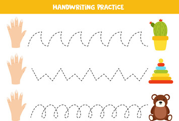 Tracing lines for kids. Hand and objects, Sense of touch. Handwriting practice.