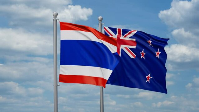 New Zealand and Thailand two flags waving together, looped video, two country cooperation concept