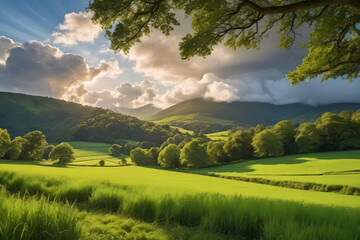 A Nature landscape featuring a vast expanse of lush green fields, with sunlight filtering through the leaves of towering trees and fluffy white clouds drifting lazily acros