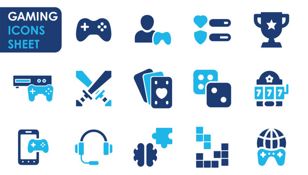 Game icon set. Gaming icon elements containing points and life bars, console, player and so on. Flat vector icons set.