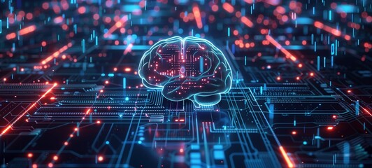 Digital brain concept on a circuit board with glowing blue and red lights, representing artificial intelligence and computing innovation. The image conveys advanced technology and data processing.