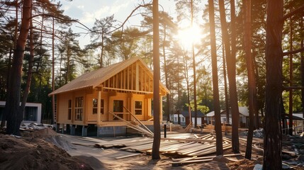 Construction site of a wooden frame house in a pine forest with the warm sunlight streaming through the trees. The unfinished structure showcases the early stages of home building