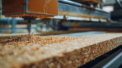 A CNC machine precisely cutting through a sheet of chipboard, with wood shavings and particles flying off during the process. The image captures the modern manufacturing technique
