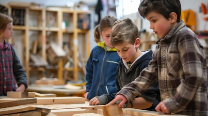 Children engaging in a woodworking class, focusing intently on assembling wooden planks. The setting is a workshop with tools and wood pieces in the background