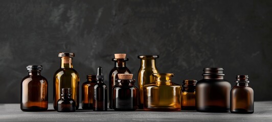 Various amber glass bottles for cosmetics on a dark background. The set includes different shapes and sizes with metal and cork closures - obrazy, fototapety, plakaty
