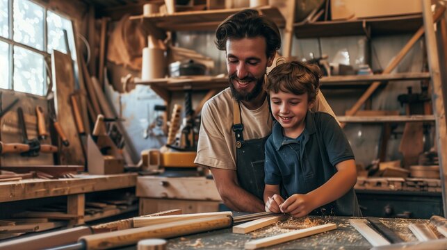 Father and child bonding over woodworking in a cluttered workshop. The concept captures a joyful learning experience as the man teaches the boy how to carve wood.