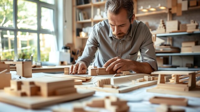 Architect meticulously working on a wooden scale model in a well-lit studio. The concept highlights precision and focus in architectural modeling with various miniature structures