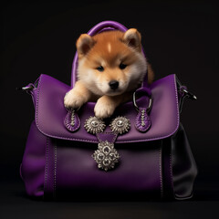chiot Akita Inu dans un bagage violet de luxe
