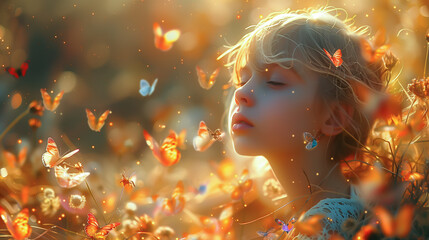A young girl stands surrounded by colorful butterflies fluttering gently around her in a sunlit meadow. The magic of nature and the innocence of childhood. Generative AI. - obrazy, fototapety, plakaty