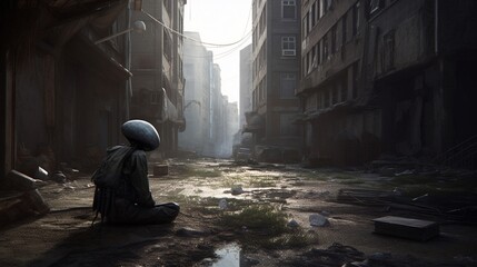 Alien in the old abandoned building