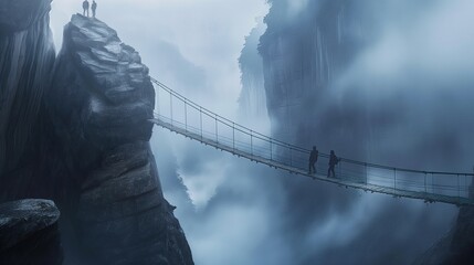 Friends crossing a wobbly suspension bridge, high above a breathtaking canyon filled with swirling mist. - obrazy, fototapety, plakaty