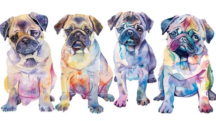 neon watercolor portrait of pugs in a row
