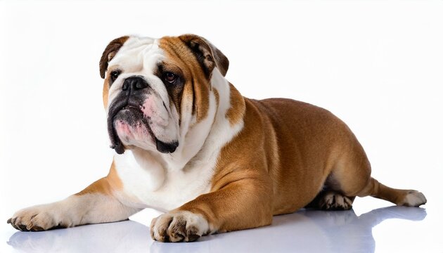 English Bulldog - Canis lupus familiaris - large stocky breed of domestic animal brown and white colors with droopy jowls isolated on white background sad face full body studio picture