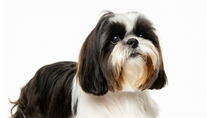small breed Shih Tzu dog - Canis lupus familiaris - long haired companion lap animal isolated on white background laying down looking at camera