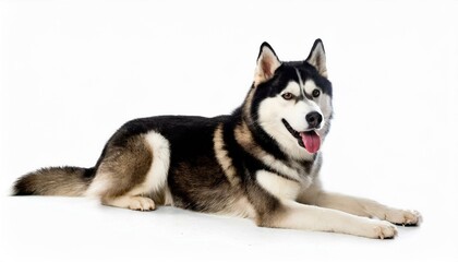Large adult Siberian Husky dog - Canis Lupus familiaris - isolated on white background laying down looking at camera while panting with tongue out