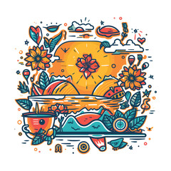 Summer vector elements, Vector Illustrations for Summer, Line Art Graphics for Summer, Beach-Themed Vector Elements, Summer Line Art Vectors, 