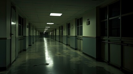 desolate empty hospital building illustration eerie quiet, spooky derelict, silent deserted desolate empty hospital building