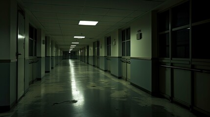 Fototapeta premium desolate empty hospital building illustration eerie quiet, spooky derelict, silent deserted desolate empty hospital building