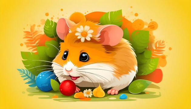 A cartoon hamster with a paintbrush and a colorful palette, surrounded by splashes of paint