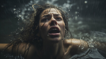 Fototapeta premium Portrait of a Scared Woman Drowning in flood, flash flood disaster, environmental disaster concept