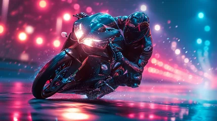 Keuken spatwand met foto A motorcyclist rides fast in neon lights. © Nikolay