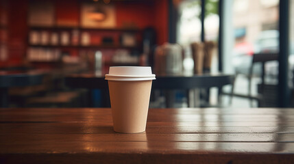Paper cup of coffee on a wooden table in a coffee shop. Space for text and design. - obrazy, fototapety, plakaty