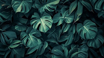 The jungle with dark coloured leaves, exotic atmosphere. Tropical leaves background. - obrazy, fototapety, plakaty