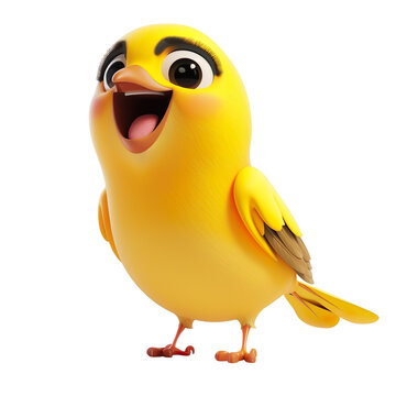recommend clip art: Angled view of a 3D cartoon illustration of cute Goldfinch smiling excitedly isolated on a white transparent background