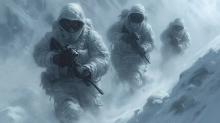 soldiers going into battle in winter - obrazy, fototapety, plakaty