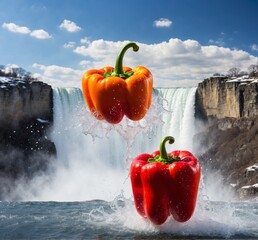 Two bell peppers with splashes of water against the backdrop of a waterfall