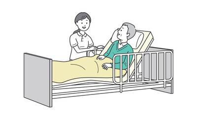 ベッドに寝る高齢男性と介助をする介護士イラスト