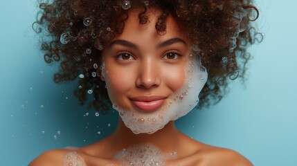 portrait, young pretty girl in spa salon, facial treatment with foam