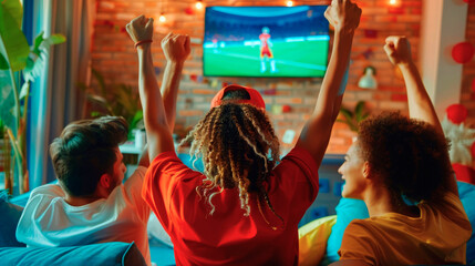 Jubilant international friends are overjoyed, watching TV in the sports bar on the couch.