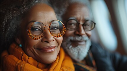Smiling senior couple on an airplane looking out the window - obrazy, fototapety, plakaty