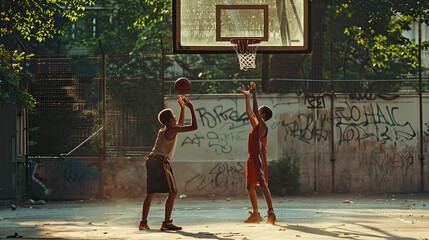 Two young men actively playing basketball on a basketball court, dribbling, shooting, and defending - obrazy, fototapety, plakaty