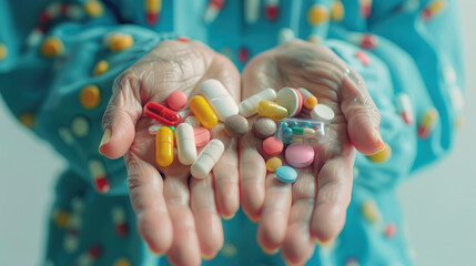 Elderly person holding a handful of pills in their hands, displaying various shapes, colors, and sizes - obrazy, fototapety, plakaty