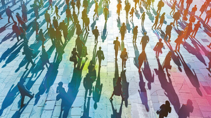 A significant number of individuals walking in unison down a busy urban street, creating a bustling scene