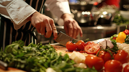 A person is seen cutting a variety of vegetables on a wooden cutting board in a kitchen setting