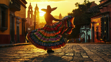 A woman in a vibrant dress dances gracefully on a historic cobblestone street, surrounded by old...