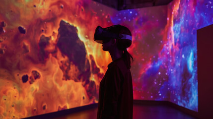 A silhouette of an individual wearing a VR headset stands immersed in a vibrant, space-themed digital environment, exploring a simulated universe