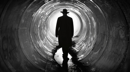 A man wearing a hat stands inside a dark tunnel, appearing contemplative