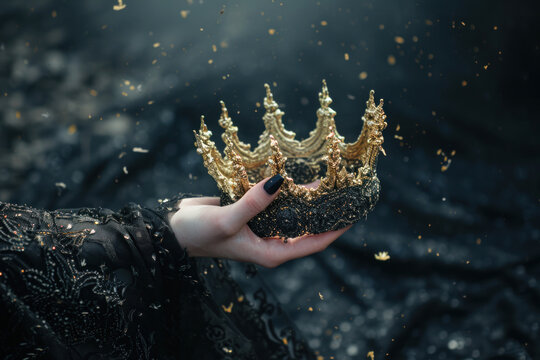 mysteriousand magical image of woman's hand holding a gold crown over gothic black background