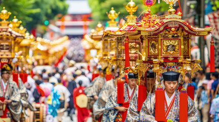 A vibrant festival procession in Japan, showcasing participants clad in traditional attire carrying ornate mikoshi shrines through a crowded street - obrazy, fototapety, plakaty